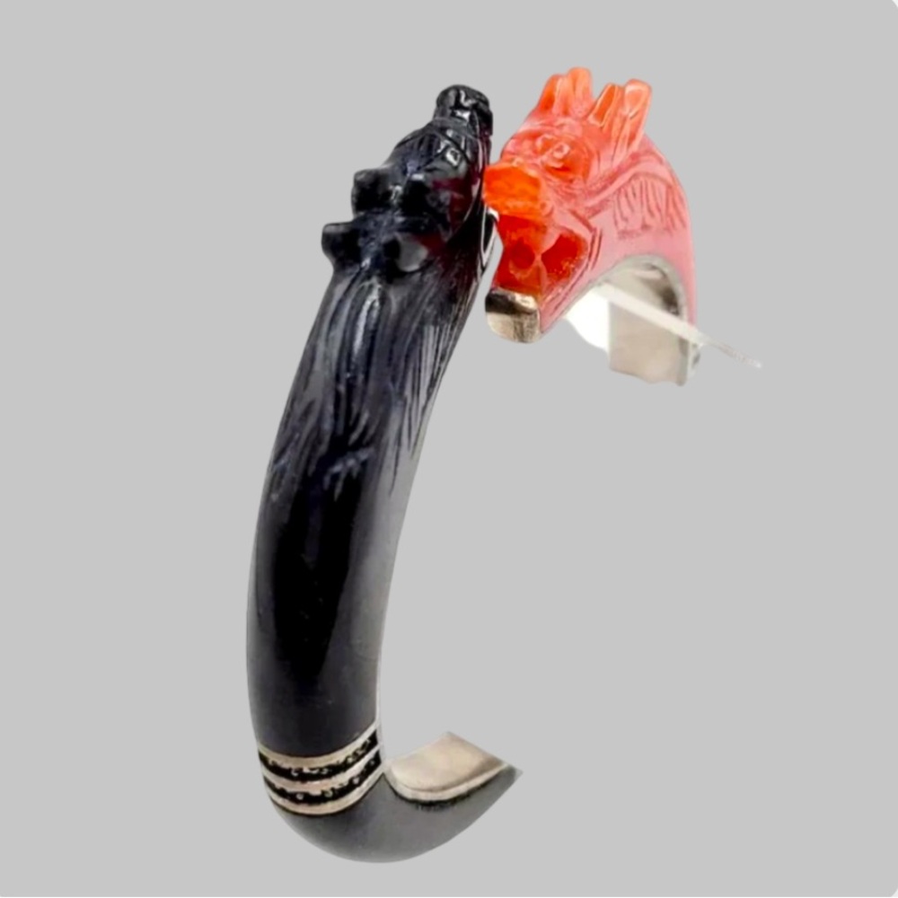 Chinese Dragon Carnelian Onyx Silver Bangle - Picture 13 of 15
